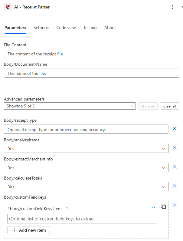 L'action « Parseur de reçus IA » dans Power Automate affiche les champs « Contenu du fichier » et « Corps/Document/Nom », et la section « Paramètres avancés » affiche 5 sur 5 avec les paramètres suivants : Body/receiptType, Body/analyzeItems, Body/extractMerchantInfo, Body/calculateTotals définis sur « Oui » et Body/customFieldKeys.